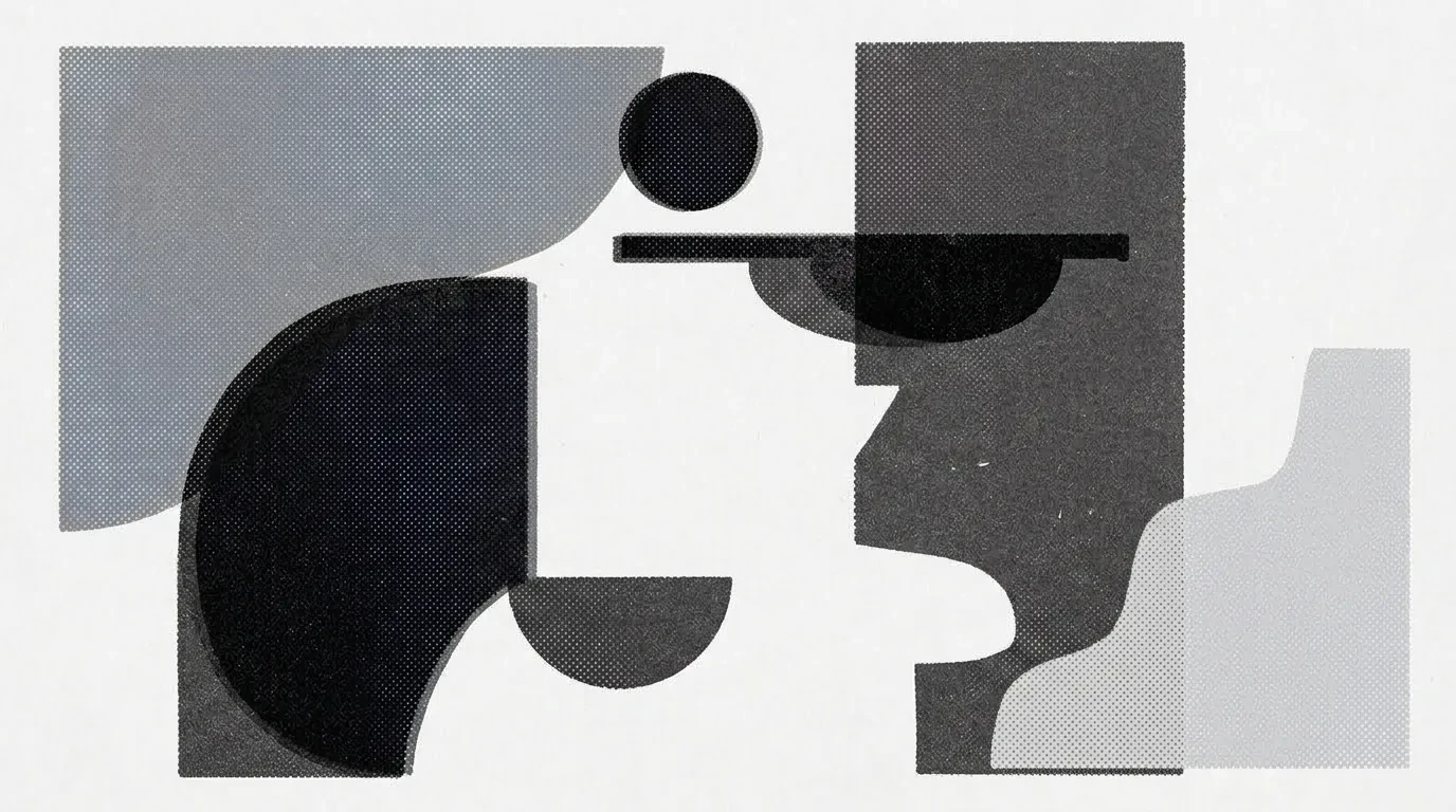 Halftone geometric artwork in grey and black: layered forms for a managed AI subscription on your own account