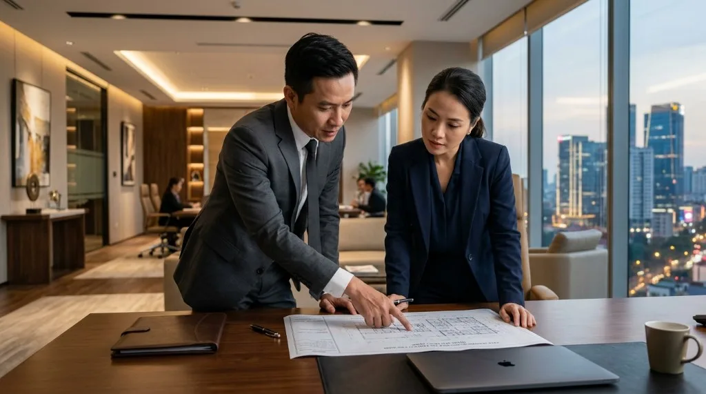 Two colleagues reviewing a floor plan and documents in a Da Nang office