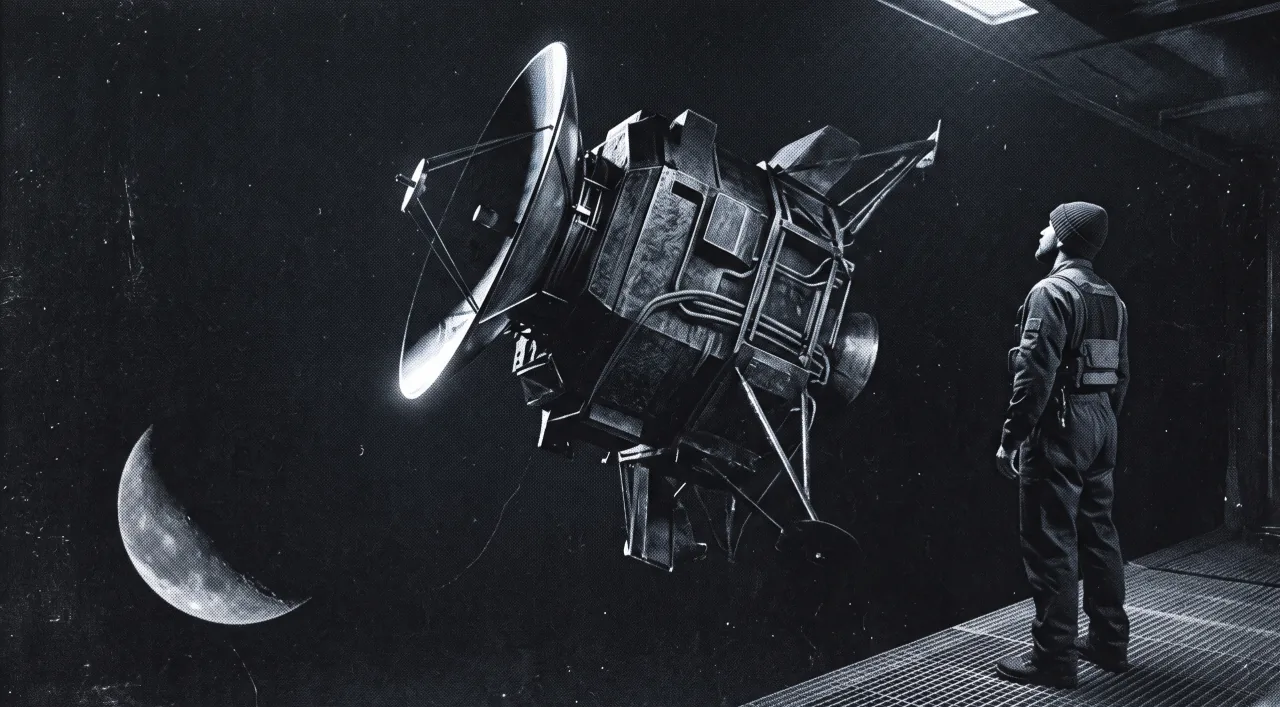 A lone technician watching an abstract spacecraft adrift in space